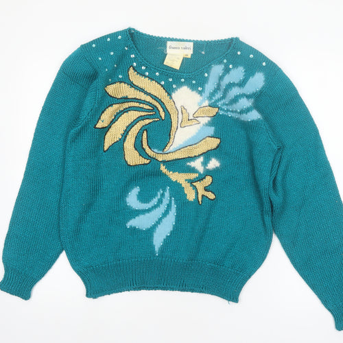 Franco Valeri Womens Green Beaded Floral Angora Blend Jumper S