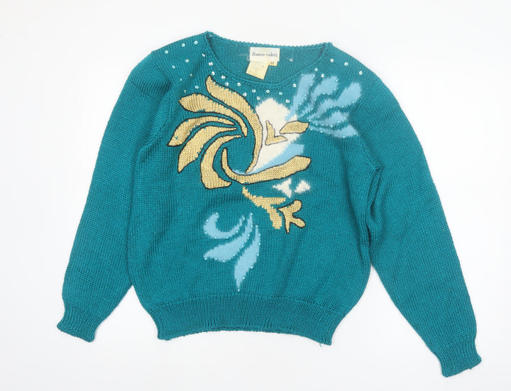 Franco Valeri Womens Green Beaded Floral Angora Blend Jumper S