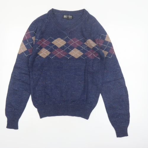 Lorien Scott Men's Blue Argyle V-Neck Mohair Blend Jumper M