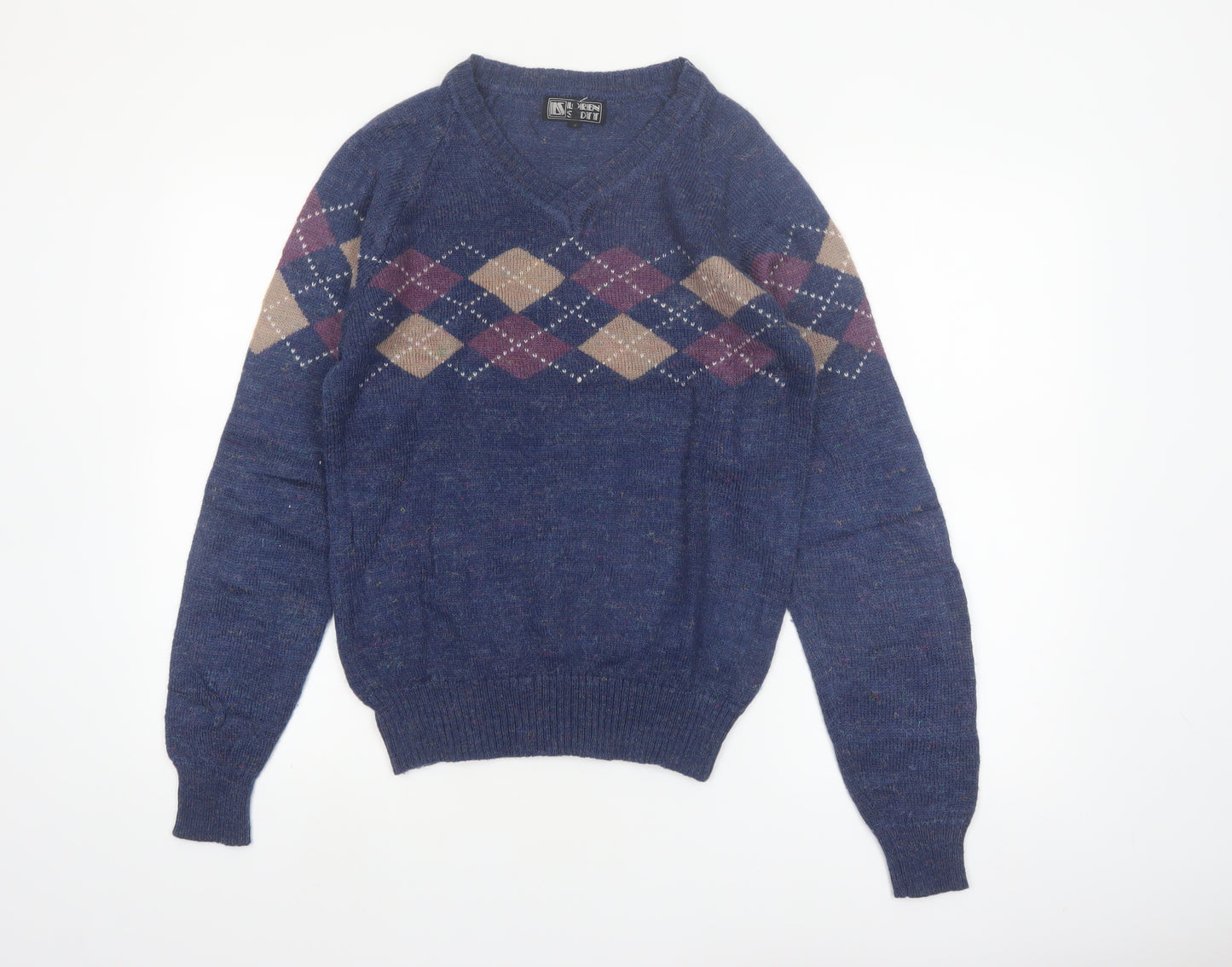 Lorien Scott Men's Blue Argyle V-Neck Mohair Blend Jumper M