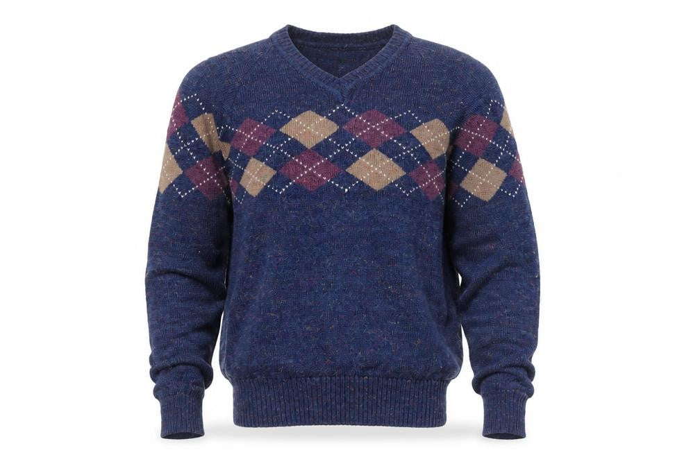 Front view of Lorien Scott Men's Blue Argyle V-Neck Mohair Blend Jumper M