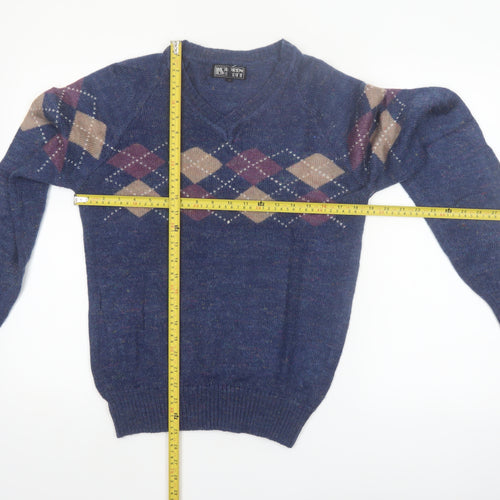 Lorien Scott Men's Blue Argyle V-Neck Mohair Blend Jumper M