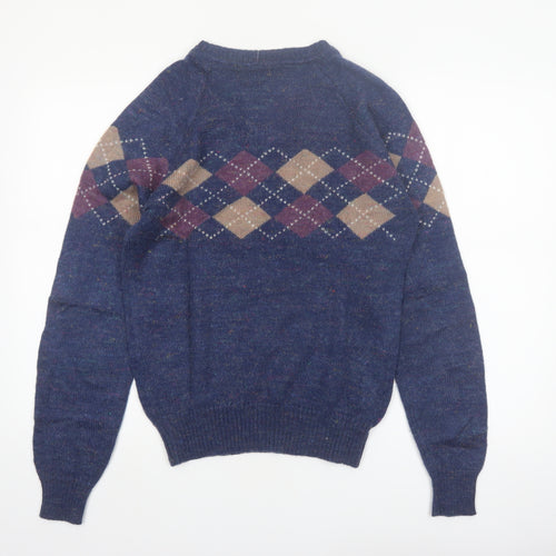Lorien Scott Men's Blue Argyle V-Neck Mohair Blend Jumper M