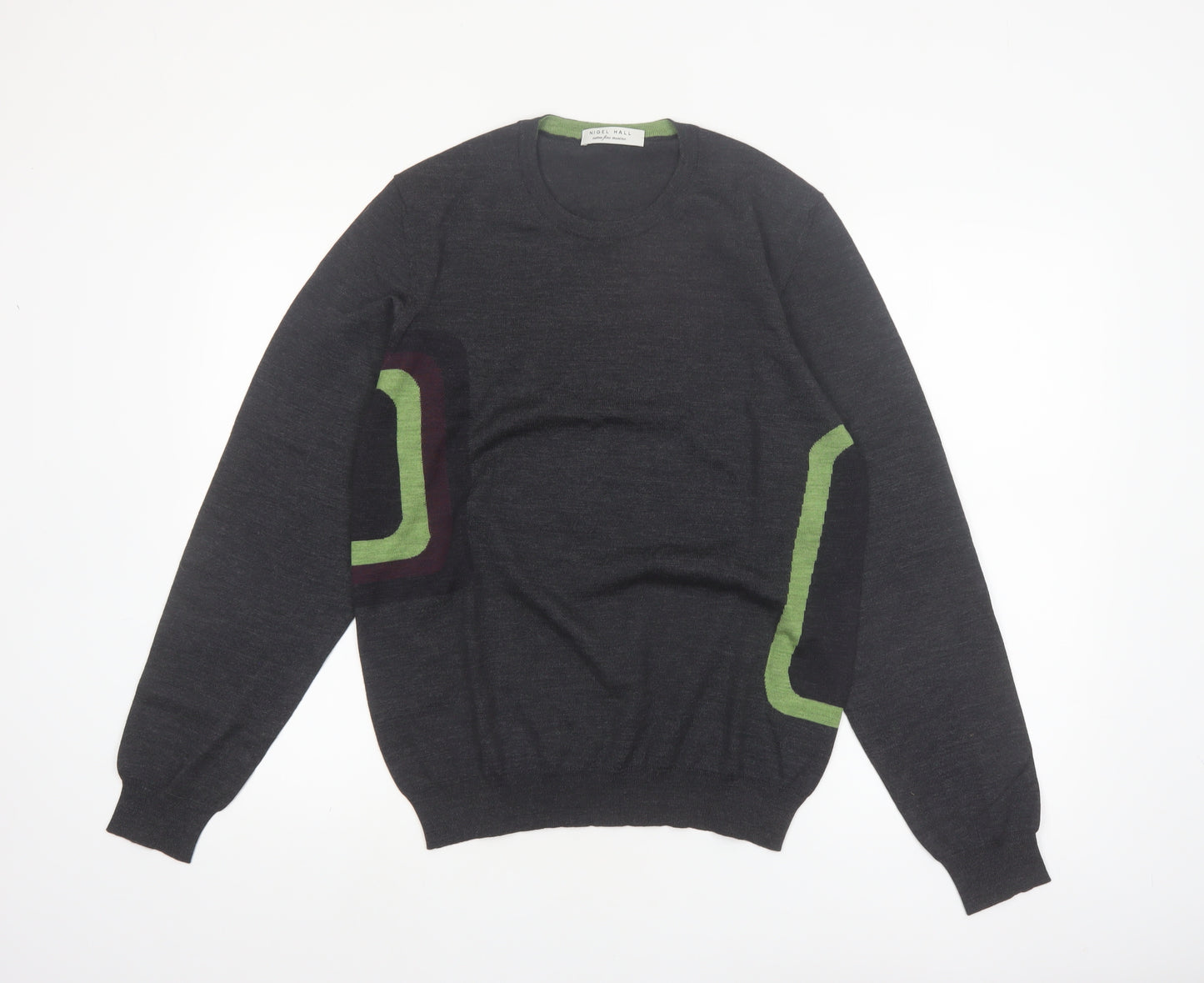 Nigel Hall Men’s Grey Wool Geometric Pullover Jumper Size L