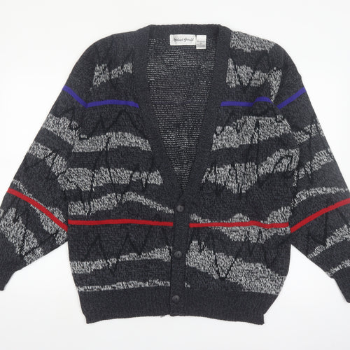 Michael Gerald Men's Grey Geometric Knit Cardigan L Retro Acrylic