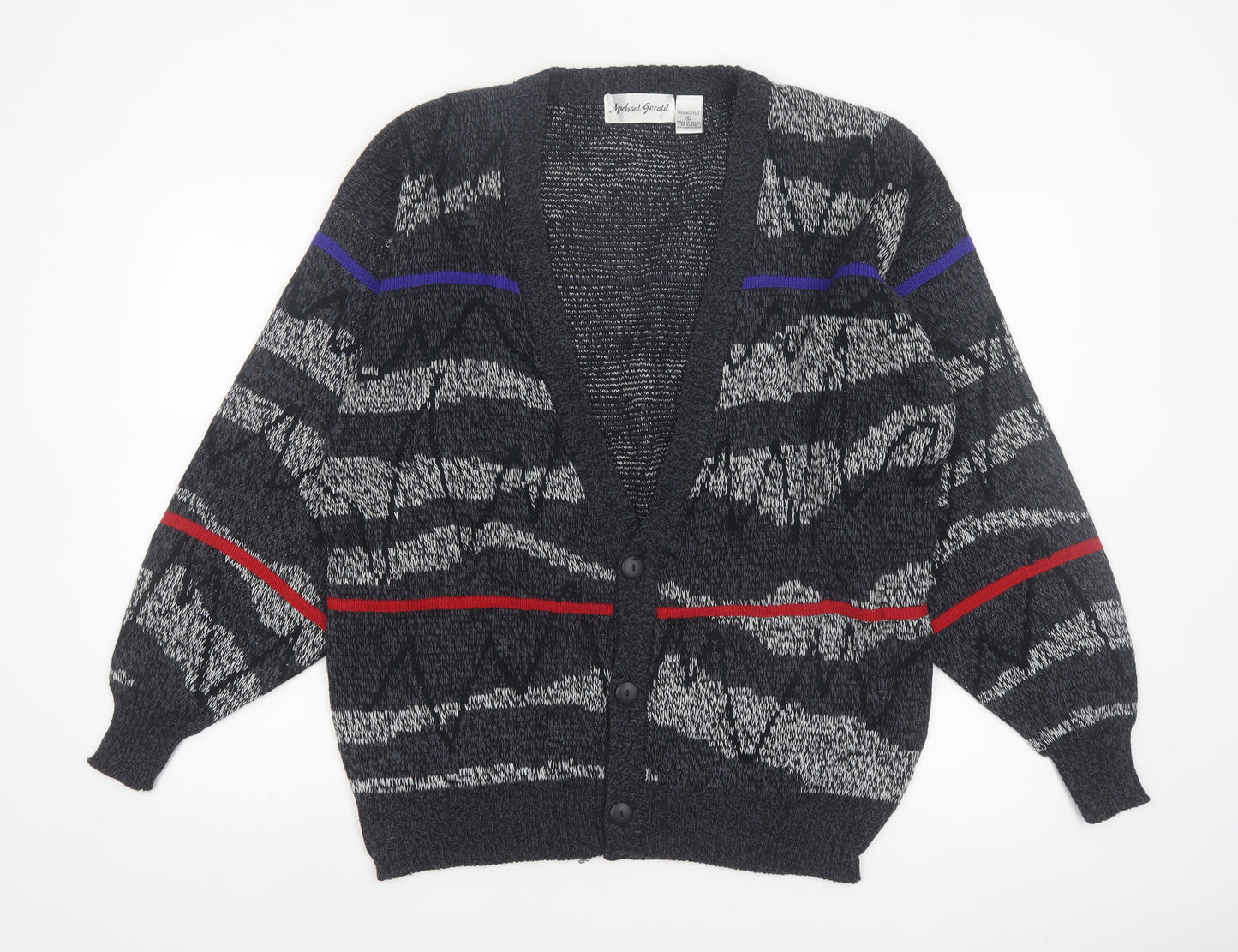 Michael Gerald Men's Grey Geometric Knit Cardigan L Retro Acrylic