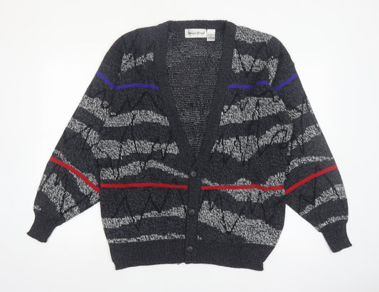Michael Gerald Men's Grey Geometric Knit Cardigan L Retro Acrylic