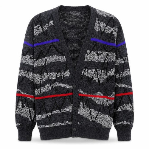 Michael Gerald Men's Grey Geometric Knit Cardigan L Retro Acrylic