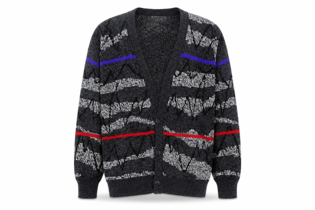 Michael Gerald Men's Grey Geometric Knit Cardigan L Retro Acrylic