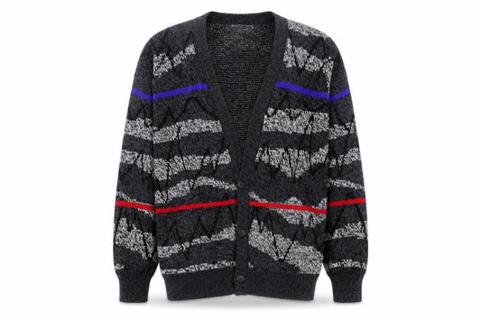 Front view of Michael Gerald Men's Grey Geometric Knit Cardigan L Retro Acrylic