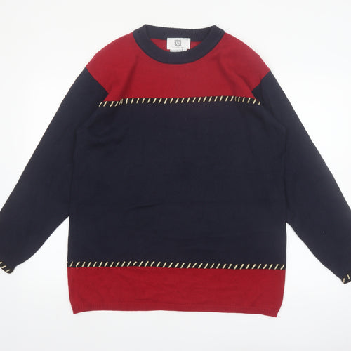 Anne Klein Women Navy Red Crew Neck Cotton Jumper L Classic Knit