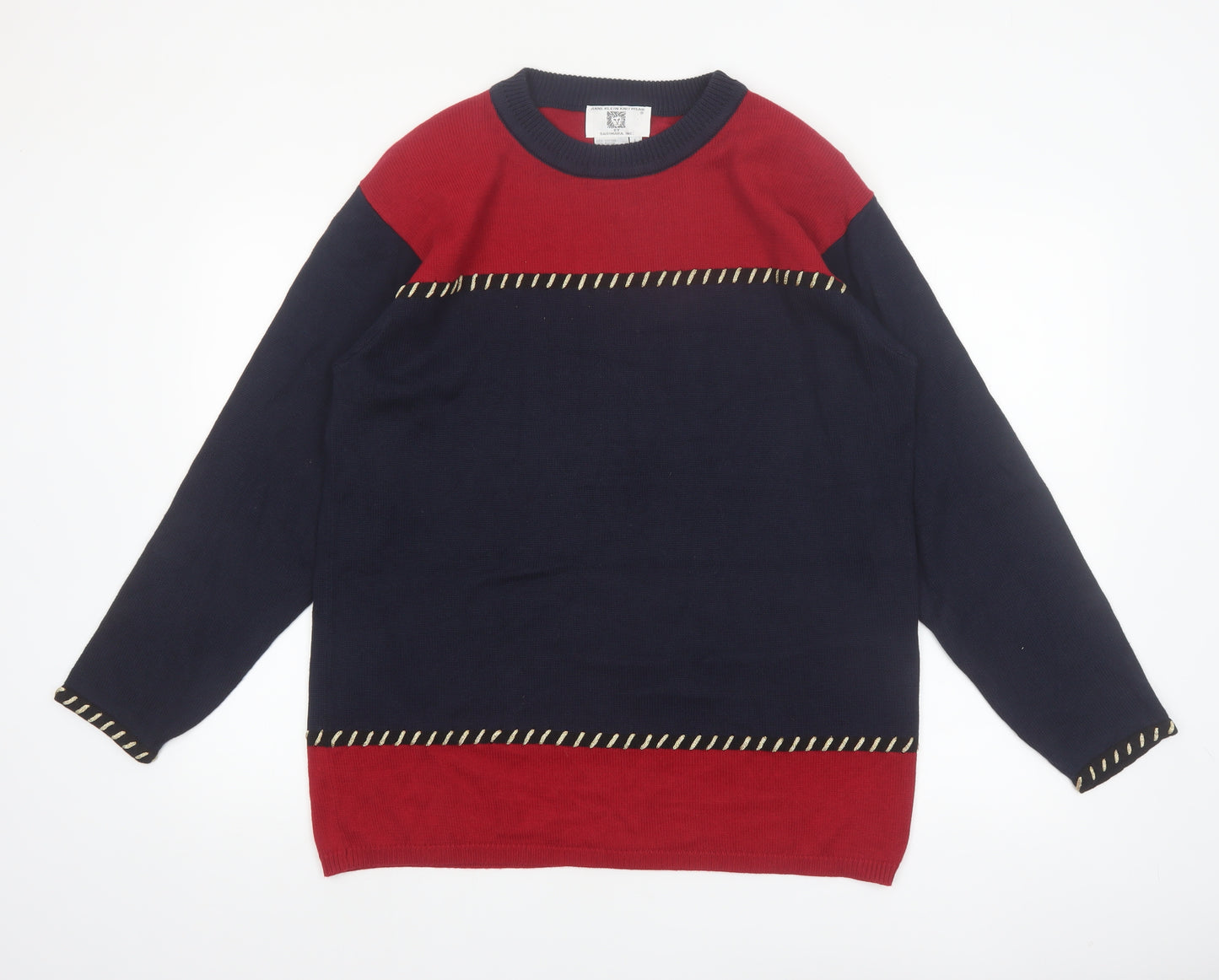 Anne Klein Women Navy Red Crew Neck Cotton Jumper L Classic Knit