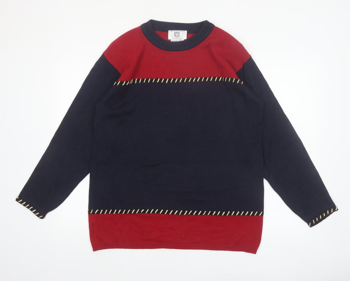 Anne Klein Women Navy Red Crew Neck Cotton Jumper L Classic Knit
