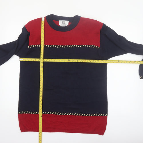 Anne Klein Women Navy Red Crew Neck Cotton Jumper L Classic Knit