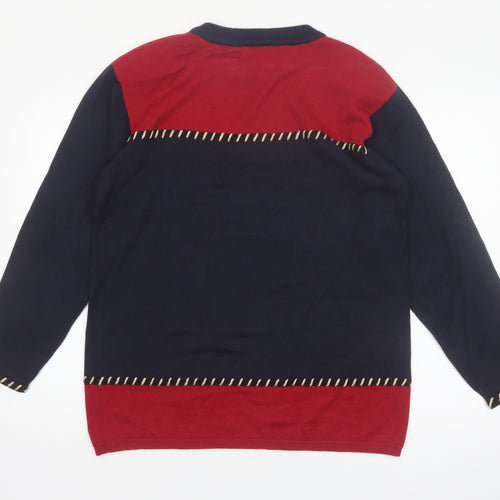 Anne Klein Women Navy Red Crew Neck Cotton Jumper L Classic Knit