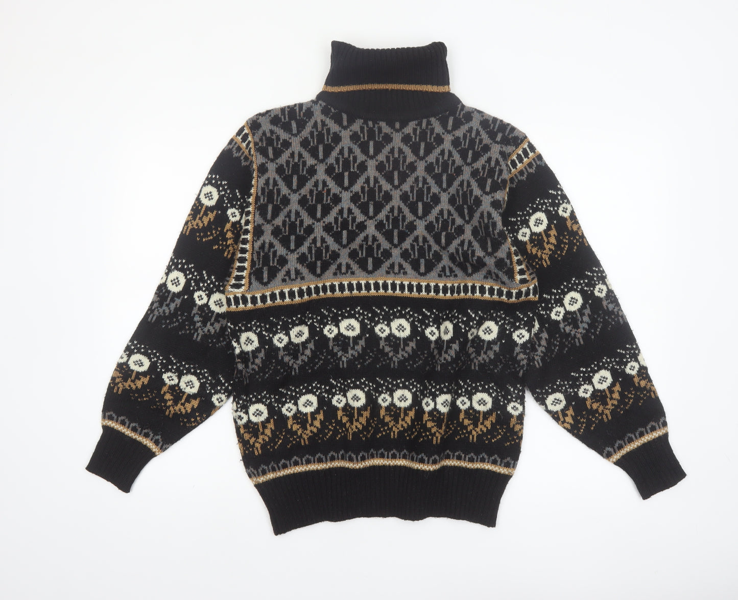 Jason Maxwell Men’s Black Fair Isle Roll Neck Wool Blend Jumper M