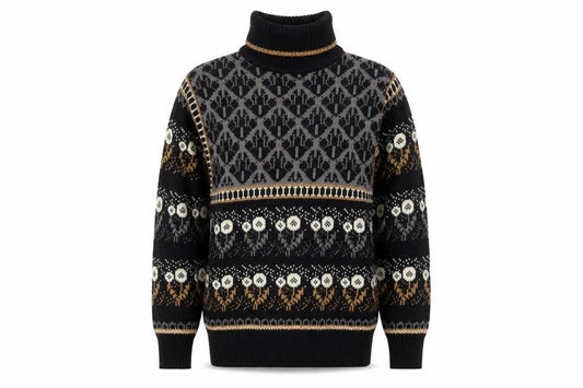 Front view of Jason Maxwell Men’s Black Fair Isle Roll Neck Wool Blend Jumper M