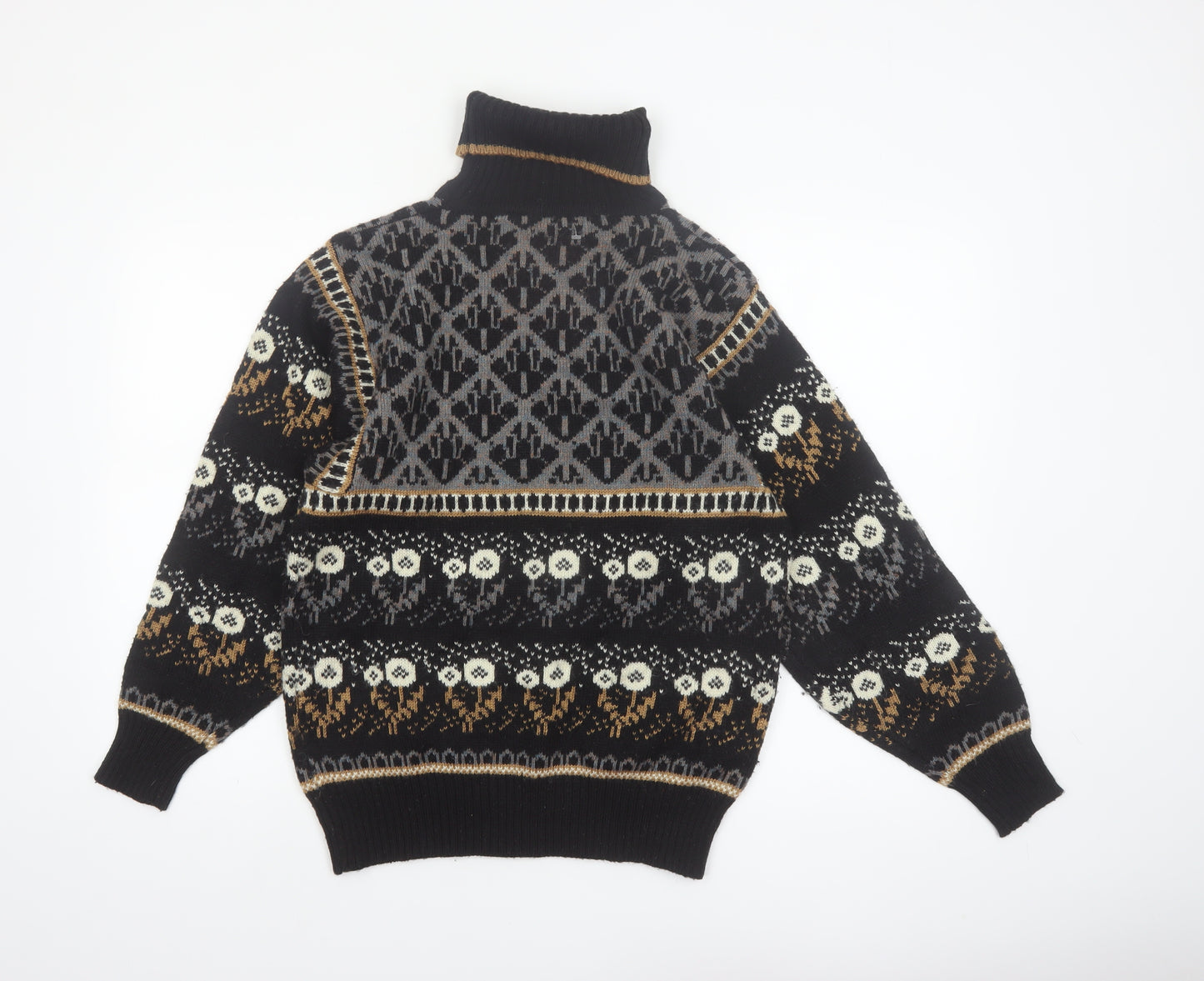 Jason Maxwell Men’s Black Fair Isle Roll Neck Wool Blend Jumper M
