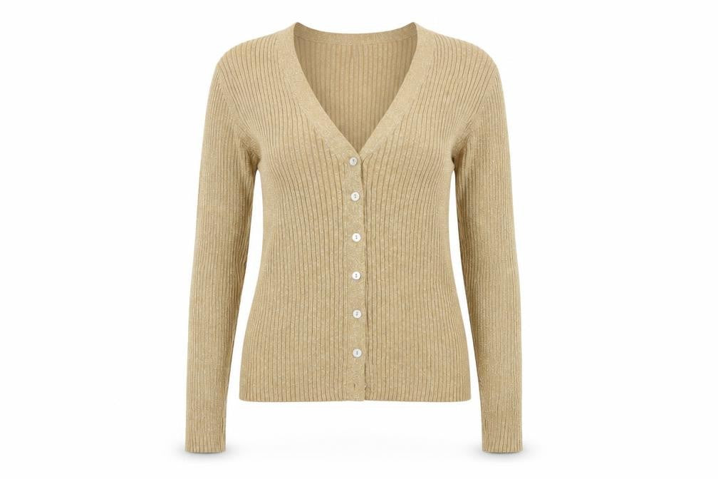 Front view of Joseph A. women’s beige l slim v-neck button cardigan