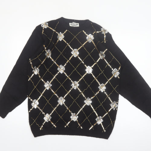 Alfred Dunner Womens Black Petite L Sequin Argyle Knit Jumper