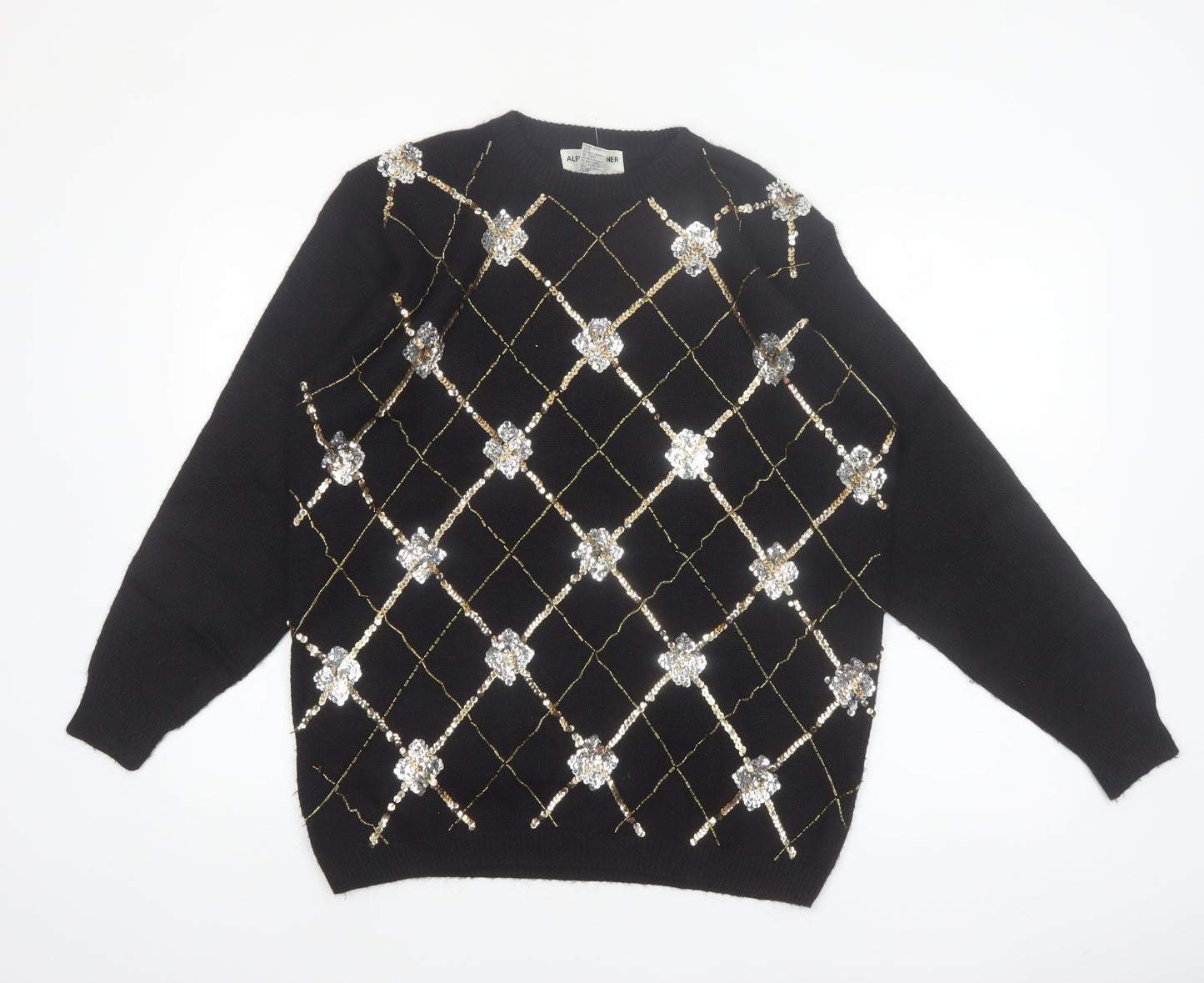 Alfred Dunner Womens Black Petite L Sequin Argyle Knit Jumper