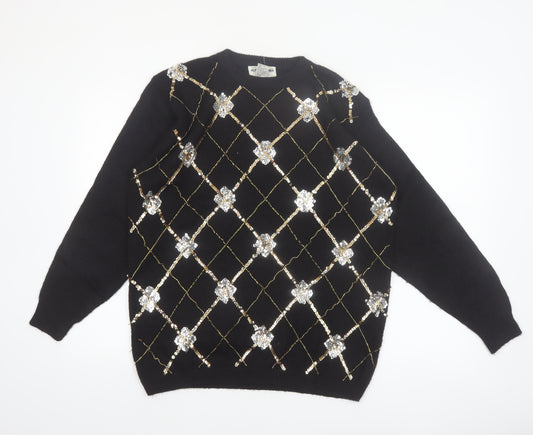 Alfred Dunner Womens Black Petite L Sequin Argyle Knit Jumper