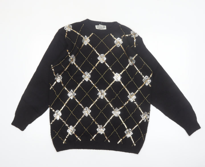 Alfred Dunner Womens Black Petite L Sequin Argyle Knit Jumper