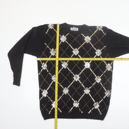 Alfred Dunner Womens Black Petite L Sequin Argyle Knit Jumper