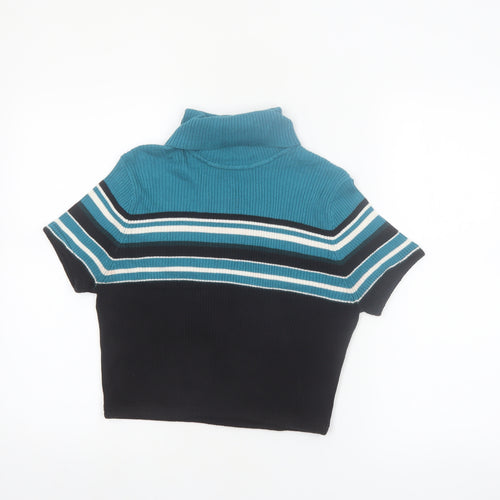 Carroll Reed Womens Blue Roll Neck Striped Short Sleeve Pullover Jumper L