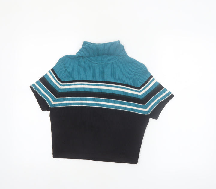 Carroll Reed Womens Blue Roll Neck Striped Short Sleeve Pullover Jumper L
