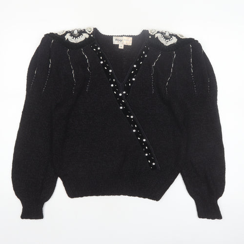 Magnolia Women's Black Beaded V-Neck Vintage Pullover Jumper M