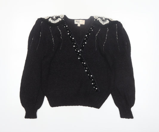 Magnolia Women's Black Beaded V-Neck Vintage Pullover Jumper M