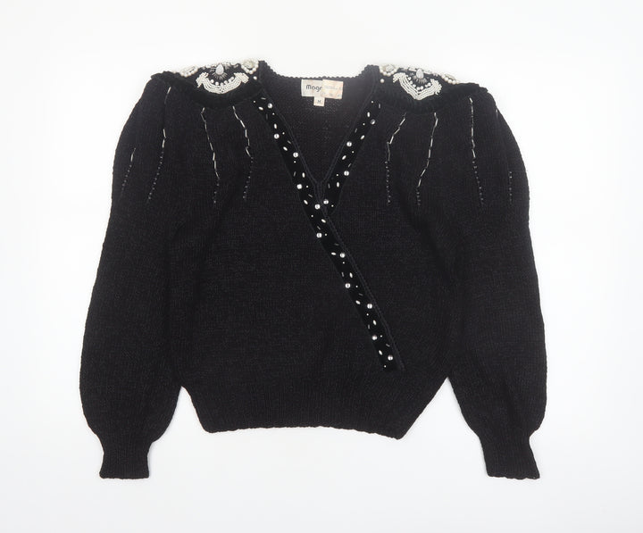 Magnolia Women's Black Beaded V-Neck Vintage Pullover Jumper M