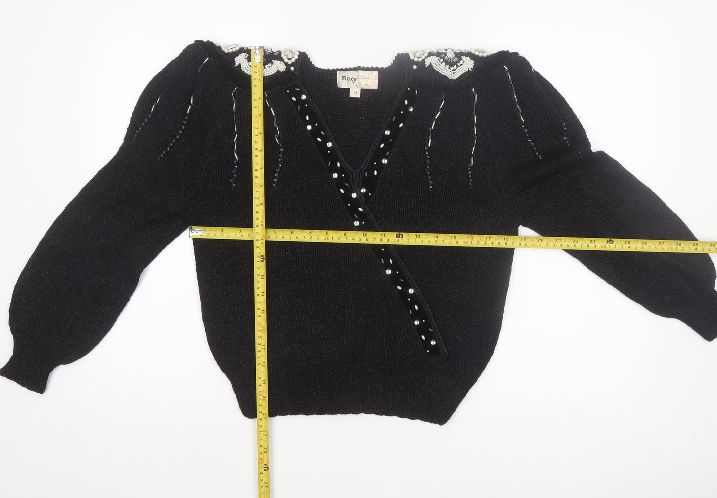 Magnolia Women's Black Beaded V-Neck Vintage Pullover Jumper M