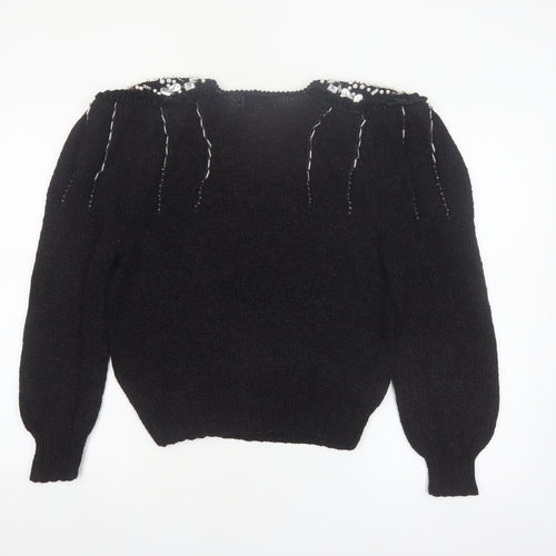 Magnolia Women's Black Beaded V-Neck Vintage Pullover Jumper M