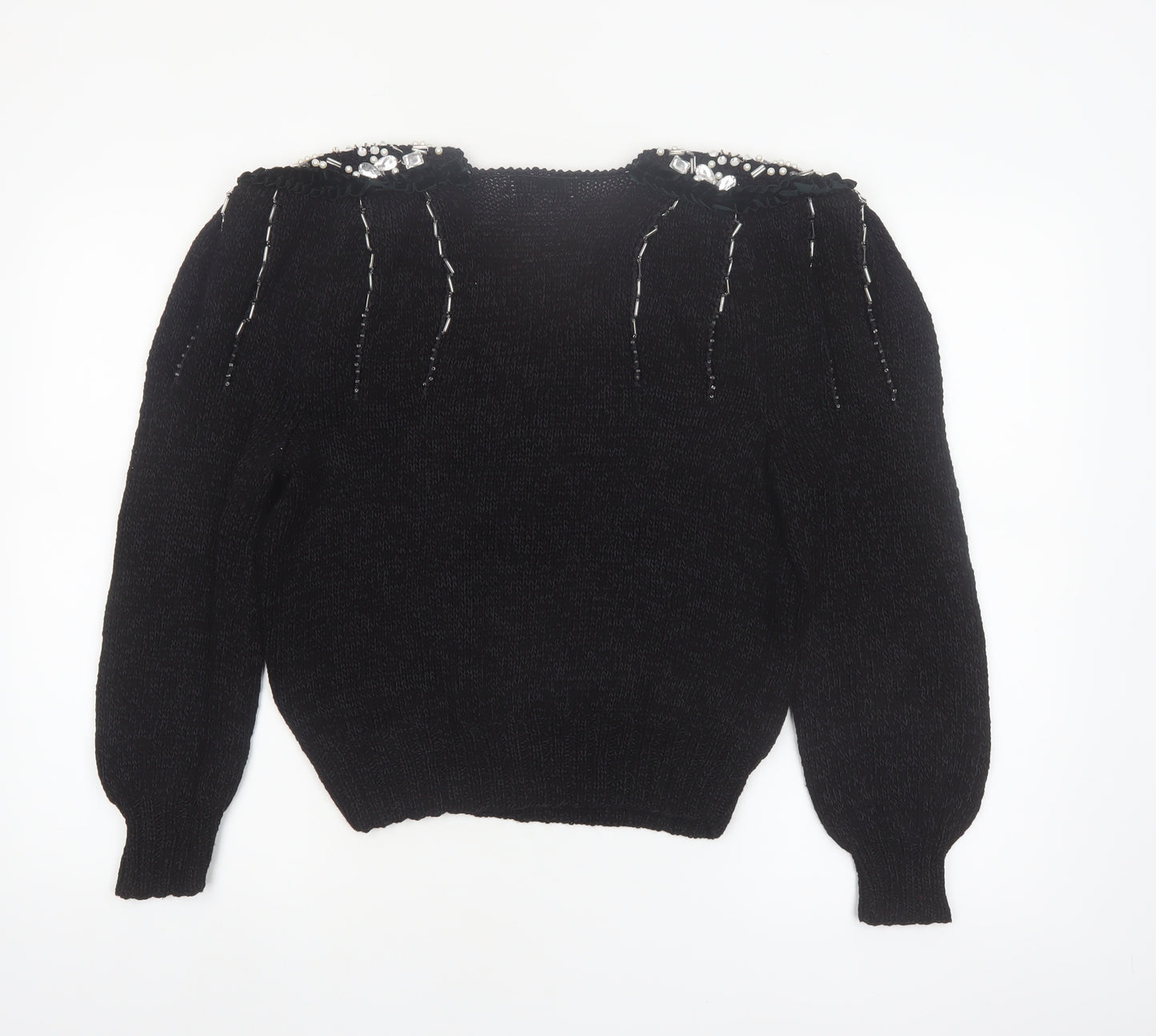 Magnolia Women's Black Beaded V-Neck Vintage Pullover Jumper M