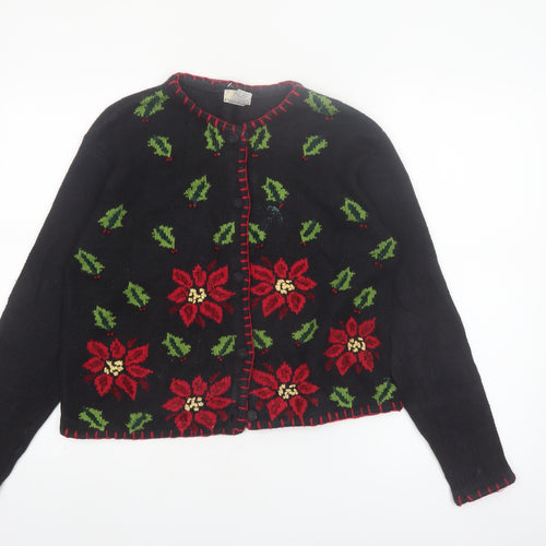K.B. Collections Womens Black Christmas Floral Cardigan Size S