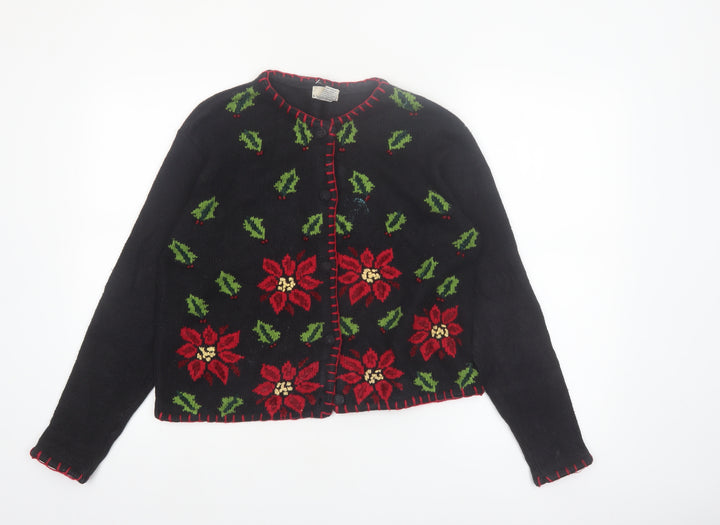 K.B. Collections Womens Black Christmas Floral Cardigan Size S