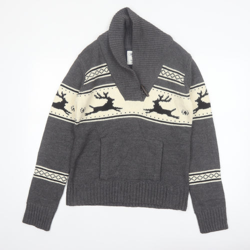 Bluenotes Men Grey Fair Isle Reindeer Shawl Neck Jumper XL