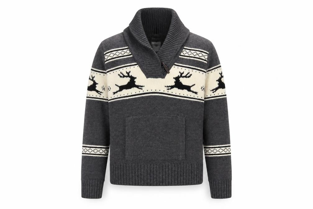 Bluenotes Men Grey Fair Isle Reindeer Shawl Neck Jumper XL