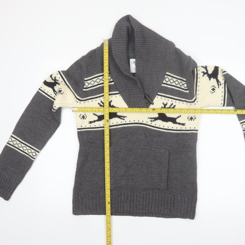 Bluenotes Men Grey Fair Isle Reindeer Shawl Neck Jumper XL