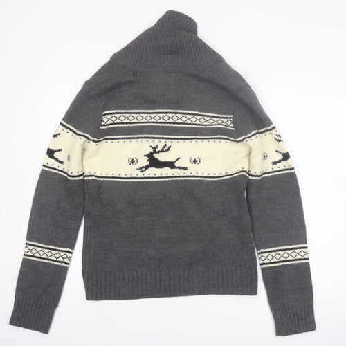 Bluenotes Men Grey Fair Isle Reindeer Shawl Neck Jumper XL