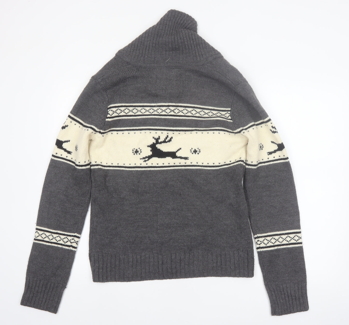 Bluenotes Men Grey Fair Isle Reindeer Shawl Neck Jumper XL