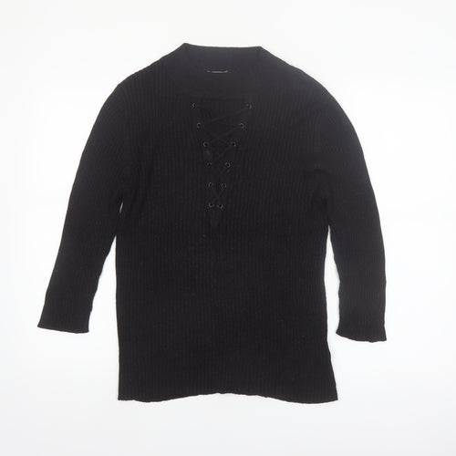 Nygard Women's Black Medium Knit Lace-Up V-Neck Long Sleeve Jumper