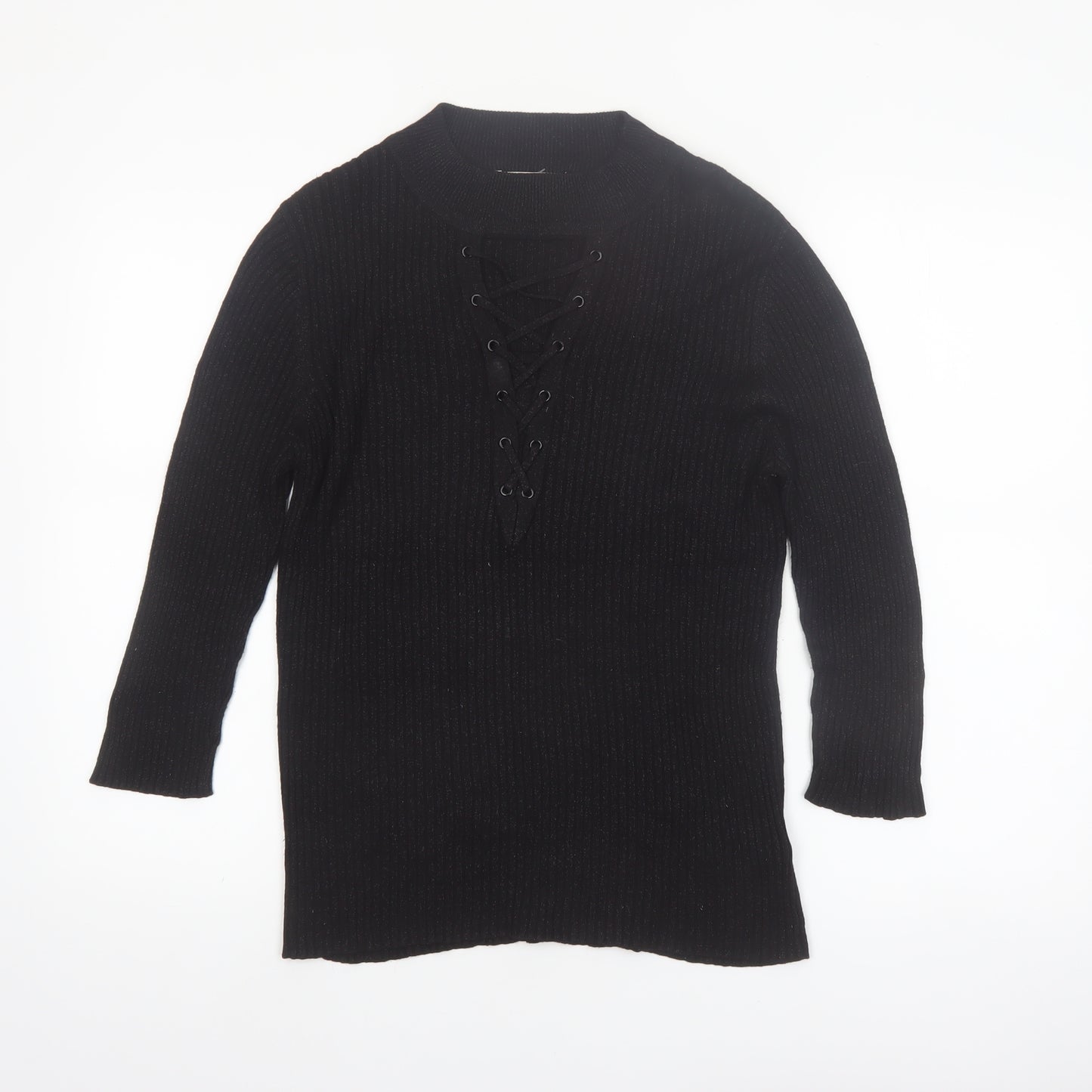 Nygard Women's Black Medium Knit Lace-Up V-Neck Long Sleeve Jumper