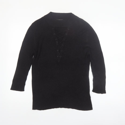 Nygard Women's Black Medium Knit Lace-Up V-Neck Long Sleeve Jumper