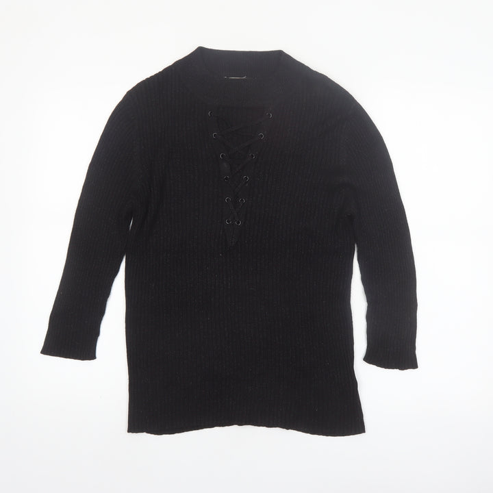 Nygard Women's Black Medium Knit Lace-Up V-Neck Long Sleeve Jumper