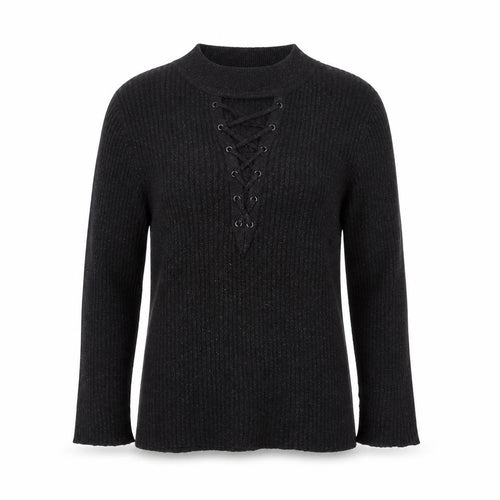 Nygard Women's Black Medium Knit Lace-Up V-Neck Long Sleeve Jumper