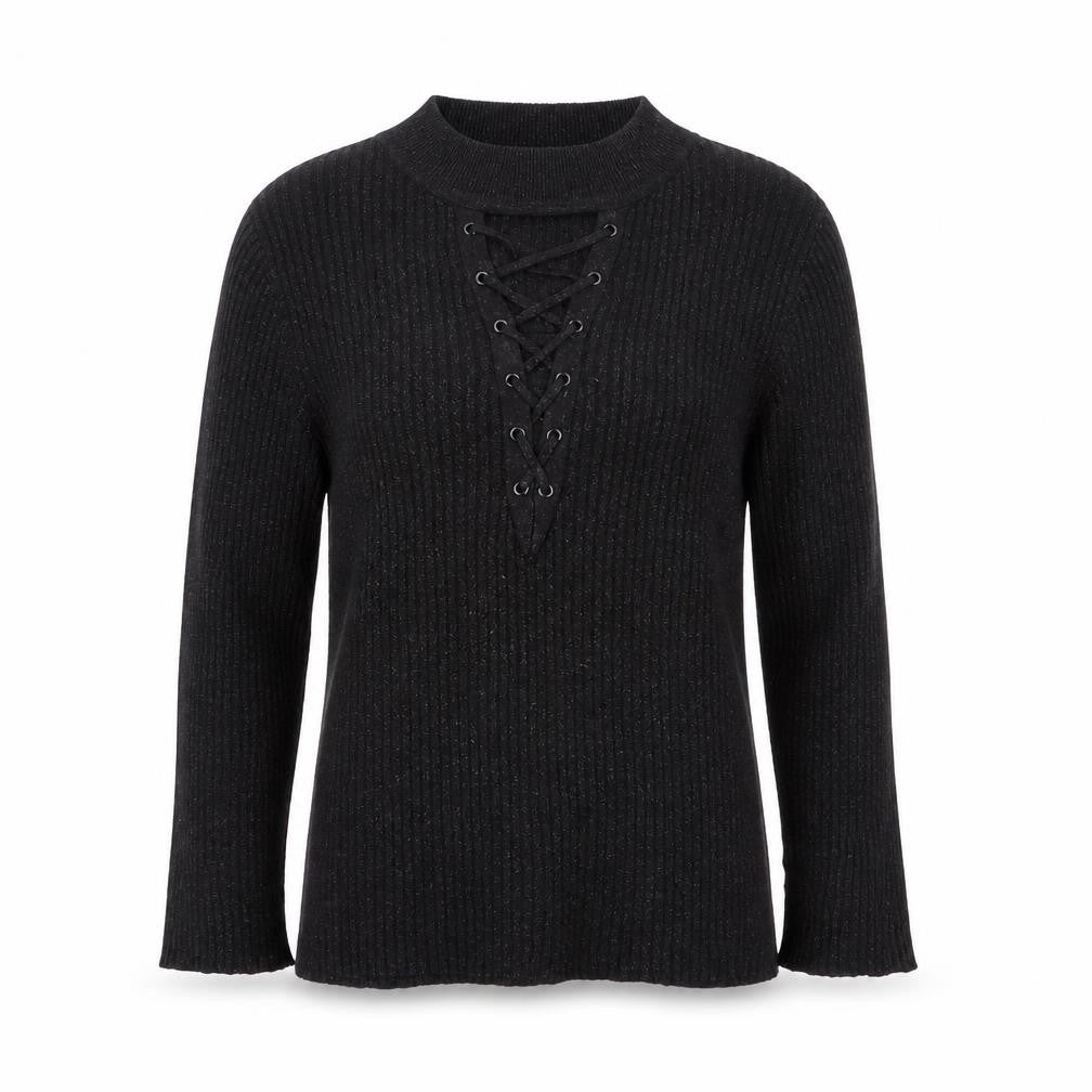 Nygard Women's Black Medium Knit Lace-Up V-Neck Long Sleeve Jumper