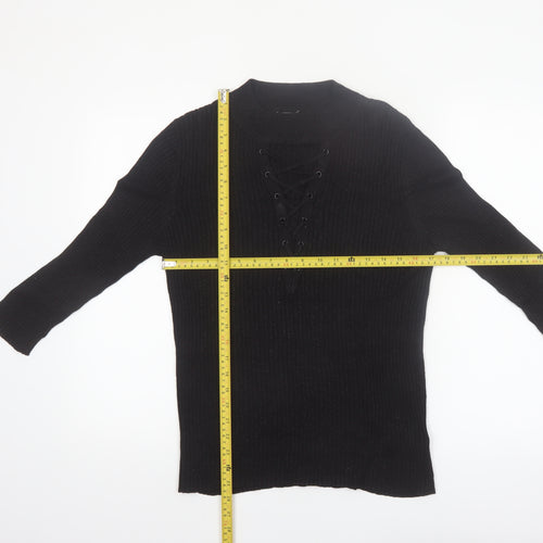 Nygard Women's Black Medium Knit Lace-Up V-Neck Long Sleeve Jumper